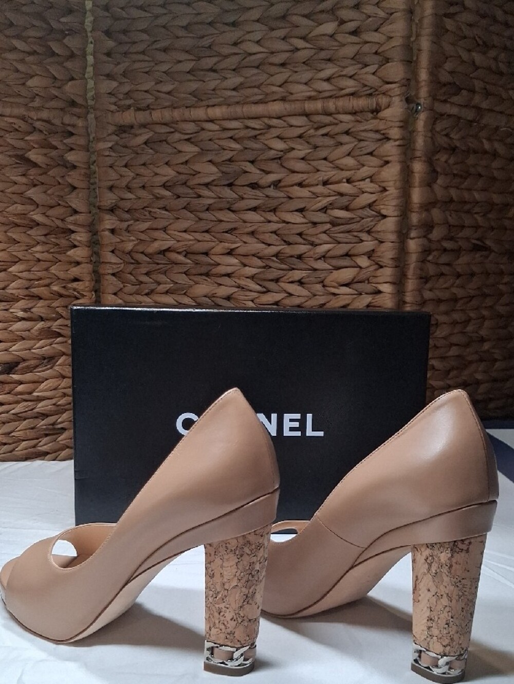 CHANEL Beige Leather Peep-Toe Pumps with Embellished Block Heel - Picture 4 of 12